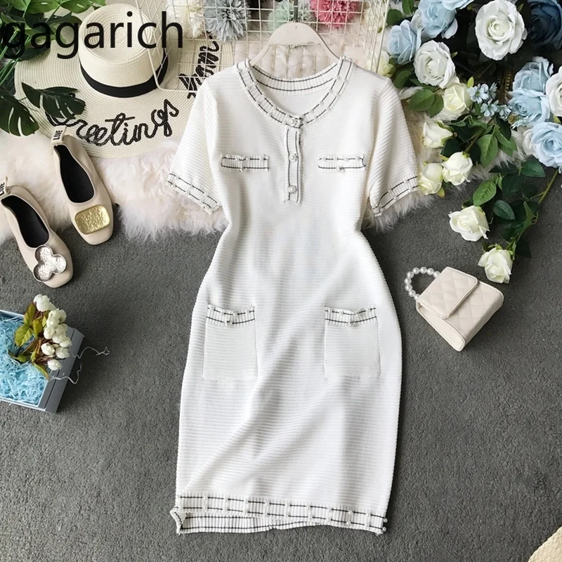 

Gagarich Women Casual Dress 2019 Fashion Short Sleeve O-neck Knitted Beading Solid Stretch Dresses Lady Summer Robe Femme