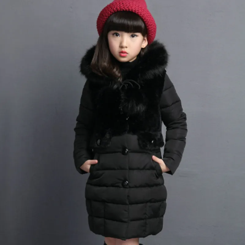 

winter girls down jackets long warm big girl 2016 new thicken coat outerwear hooded Artificial fur collar parka overcoat 100-140