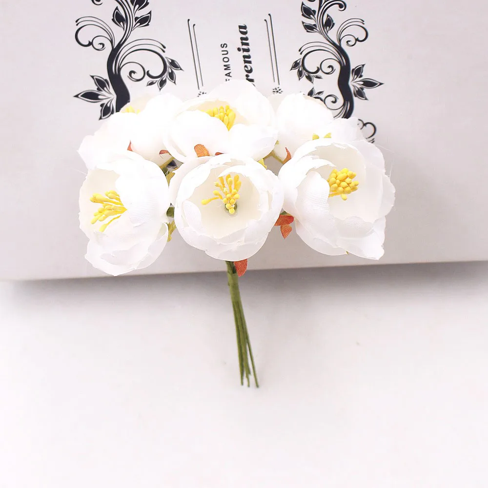 6 шт./лот, розовый мини чай, искусственные бутоны, цветы, букет, ручная работа, сделай сам, ремесло, венок, Скрапбукинг для дома, свадебное украшение, цветок - Цвет: Белый