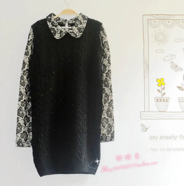 Free shipping Slim faux two piece turn-down collar lace decorative pattern patchwork multicolour yarn twisted sweater