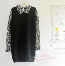 Free shipping Slim faux two piece turn-down collar lace decorative pattern patchwork multicolour yarn twisted sweater