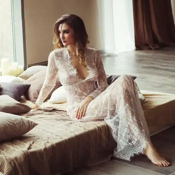 

New Women V-neck Long Sleeve Lace See Through Floor-Length Maxi Swing Dress