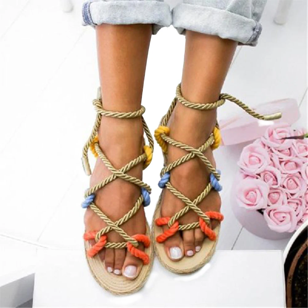 Litthing Summer Sandals For Women Hemp Rope Shoes Woman Rome Casuals Hemp Rope Sandals Zapatos De Mujer Rome Sandals - Color: multicolour