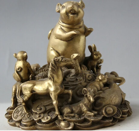 free shipping 7&quot Chinese Brass 12 Zodiac Year Mouse Rat Mice Horse Tiger Pig Bull Statue Set | Дом и сад