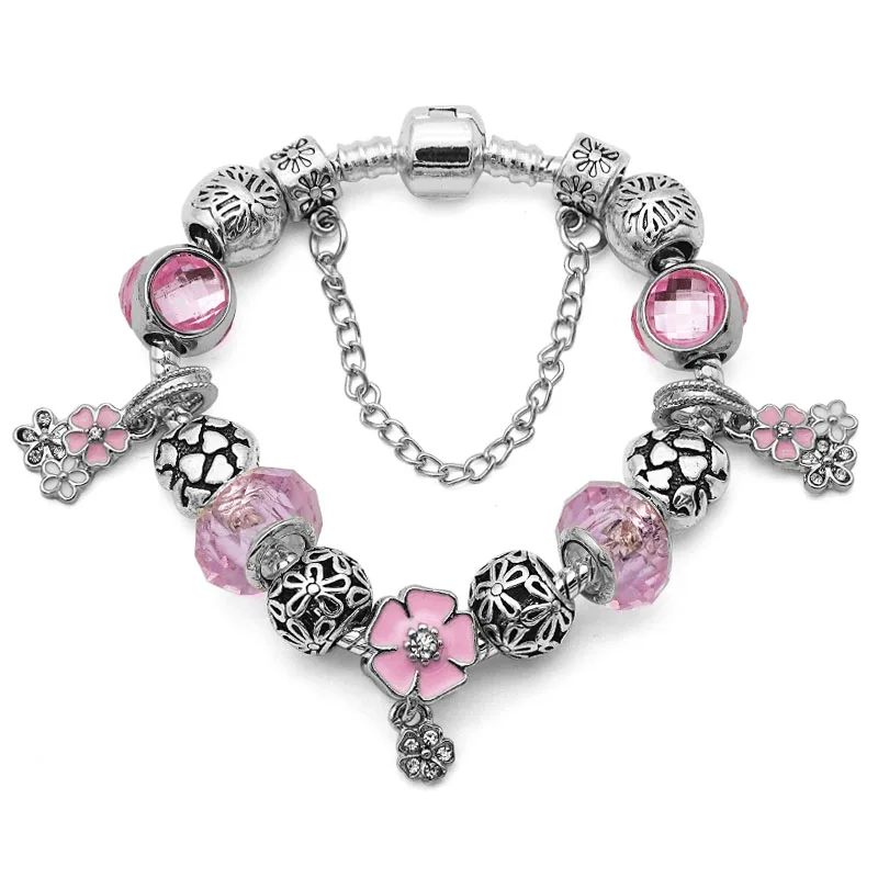 Зеленый браслет принцессы амулет-Русалка для женщин Подходит Европейский Pan браслет и браслеты ювелирные аксессуары ручной работы - Окраска металла: Pink Flower