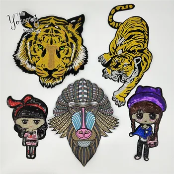 

Hot sale Embroidery monkey tiger head iron on patches Decoration DIY Girl Applique Sequins stickers Clothing badge Accessories