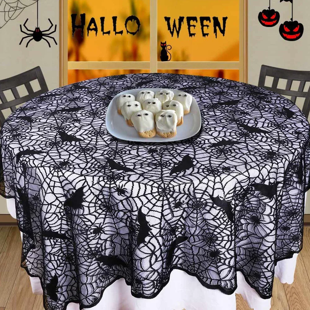 

Halloween Spiderweb Tablecloth Black Lace Bat Spider Party Table Decor Curtain Round/Rectangle Tablecloths Table Decoration SA60