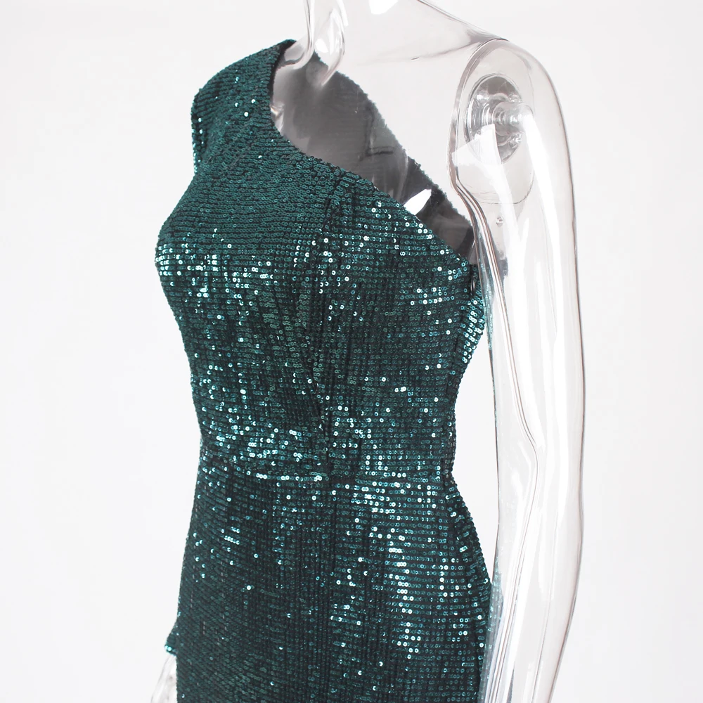 Зеленое Серебряное платье макси с блестками на одно плечо, эластичные элегантные вечерние платья в пол, облегающее вечернее платье с подкладкой