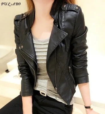 Spring Autumn Winter Ladies Motorcycle Leather Jackets Women Turn-down Collar Zipper Slim Black Moto & Biker Jacket Female