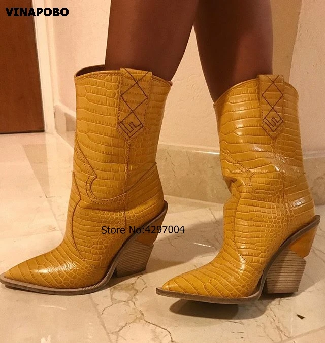 Spring New Cowboy Boots For Women Pointed Toe ankle Boots snake pattern Mid-calf Women Boots Chunky Wedges Boots Runway