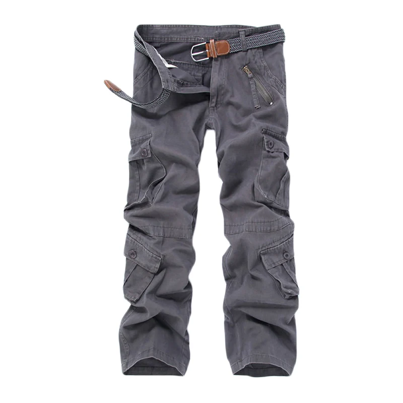 New Fashion Casual Cargo Grey Men Pants Multi pockets Outdoor Cotton