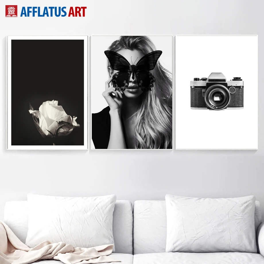 

Black White Girl Rose Camera Landscape Wall Art Canvas Painting Nordic Posters And Prints Wall Pictures For Living Room Decor