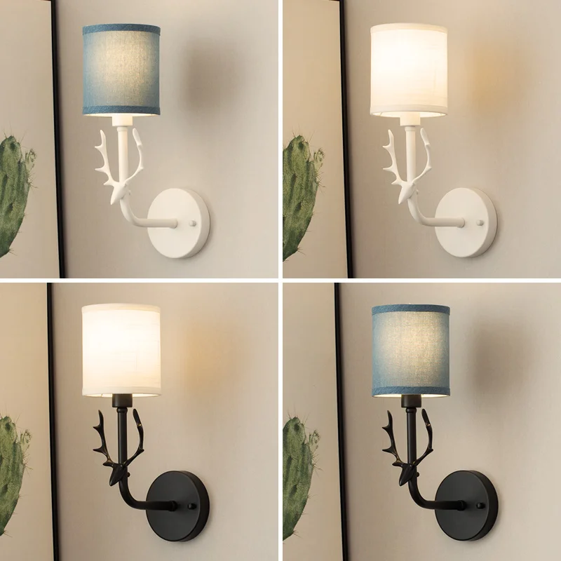 

Nordic LED simple wall lamp lucky creative deer head fabric lampshade living room bedroom bedside lamp background lighting