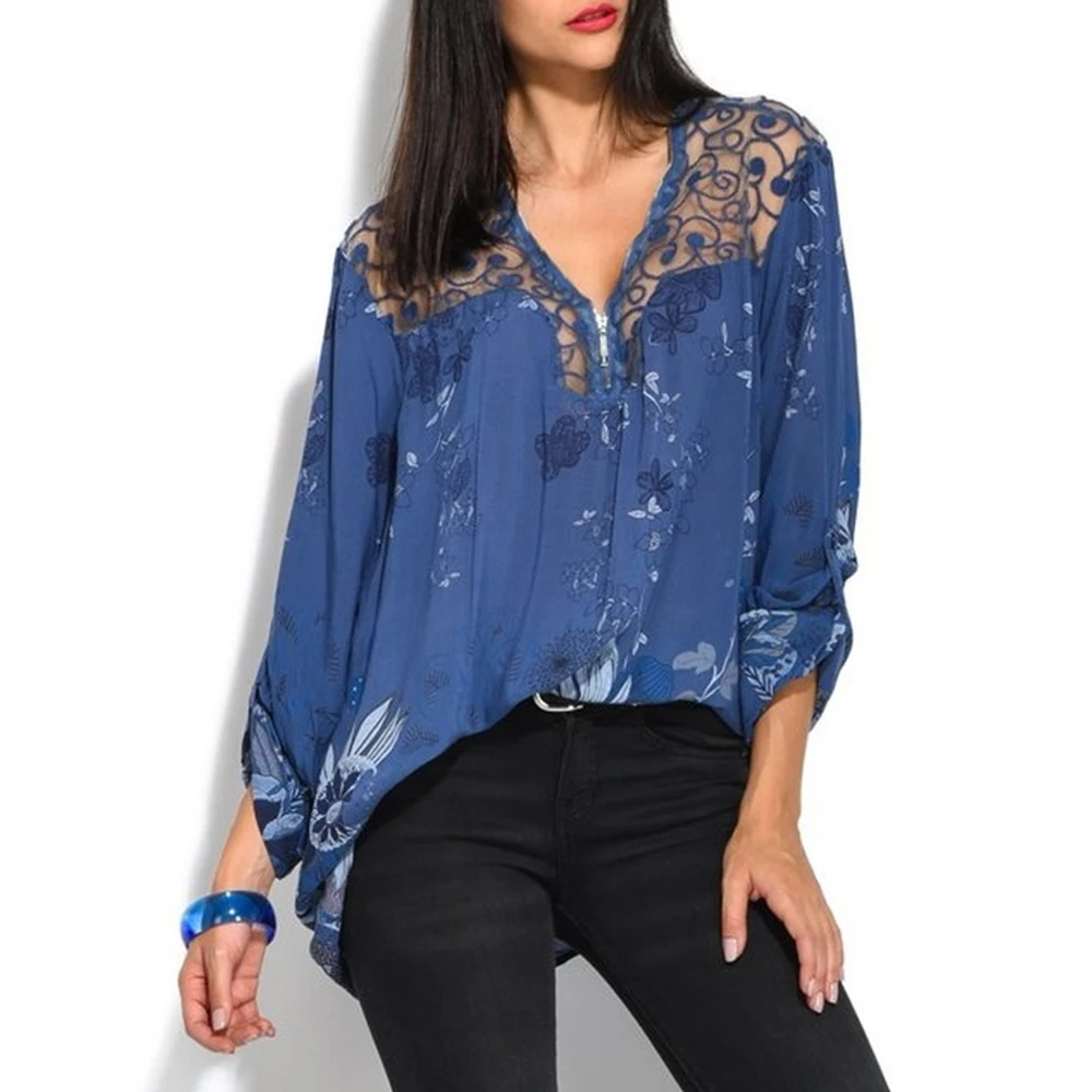 Блузка женская с цветочным принтом V образным вырезом и длинным рукавом