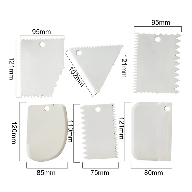 6pcs white IVYSHION 3, 6 штук в партии, Пластик нерегулярные скребок для торта-торт украшения гребень с боковой шпатели выпечка инструмент помадка, кондитерские изделия резак - Цвет: 6pcs white