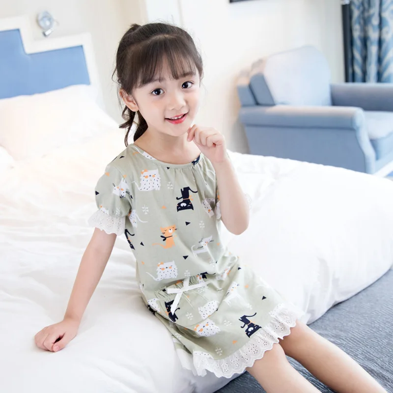 Летние хлопковые детские ночные рубашки для девочек, пижамы для принцесс, детские кружевные пижамы с героями мультфильмов, пижамы для девочек, детская одежда для сна - Цвет: Серый