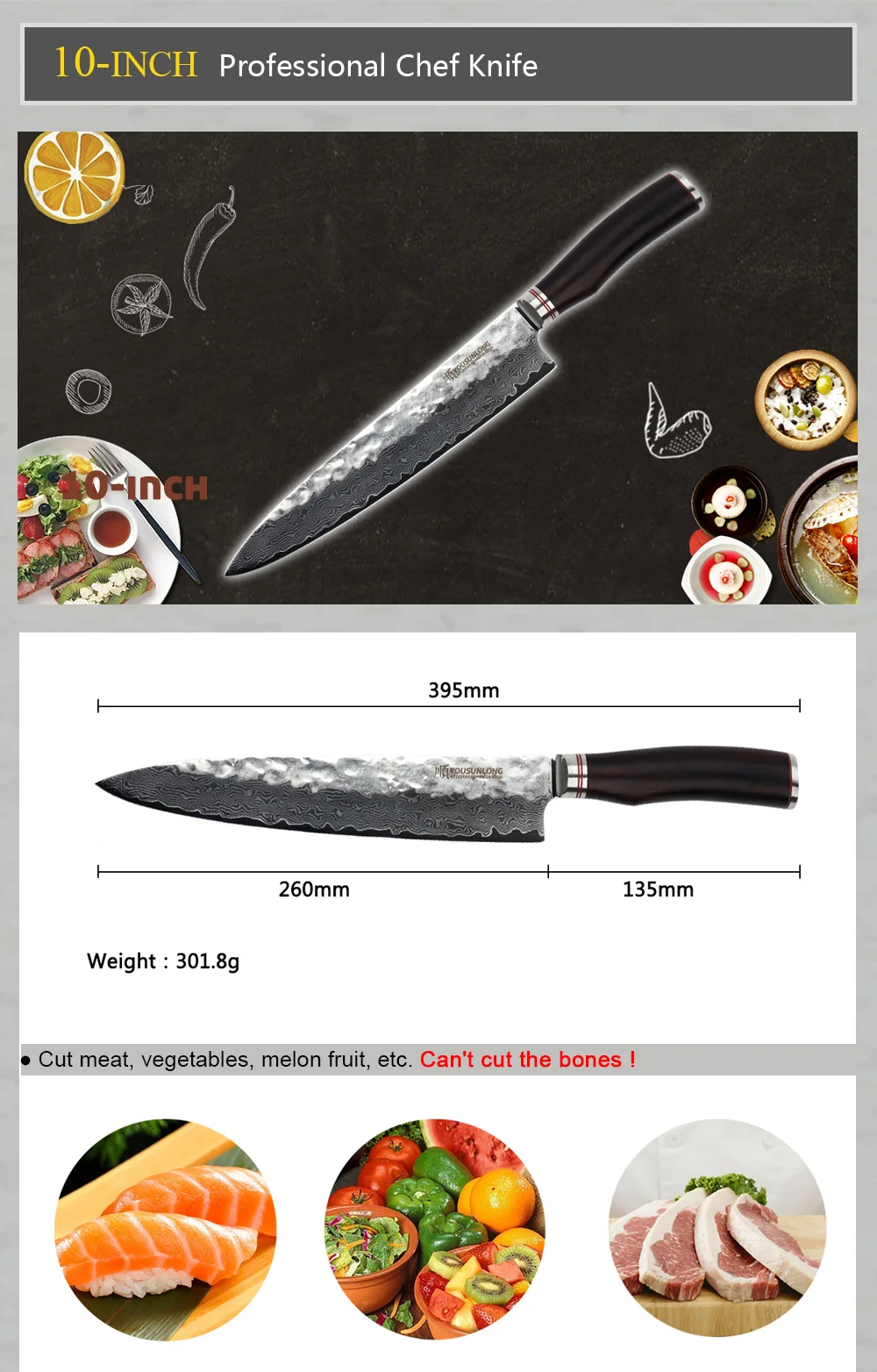 YOUSUNLONG японский нож 10 дюймов нож kitchen-VG10-Santoku-Meat нож-высокоуглеродистая Дамасская сталь-острое лезвие-ручка из черного дерева