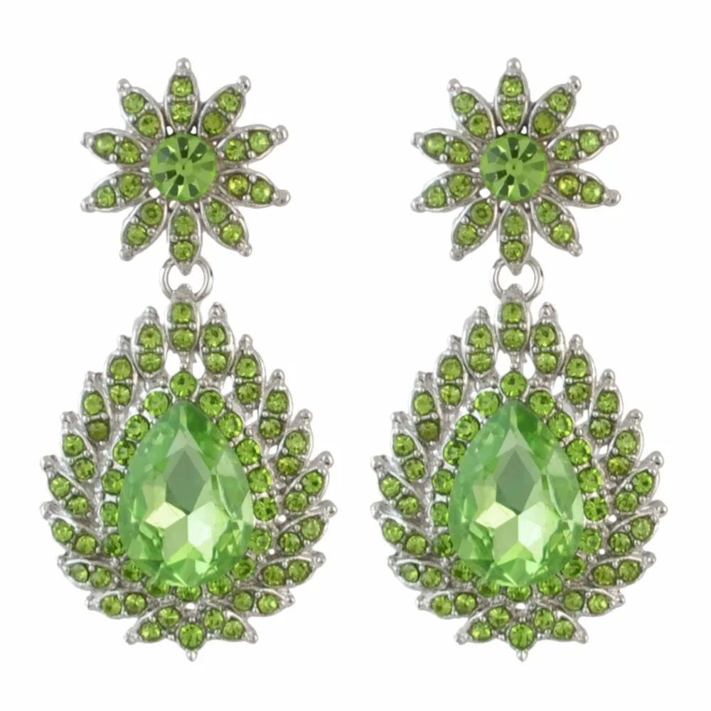 

Austrian Big Waterdrop Crystal Flower Long Green Drop Earring For Women Wedding Bridal Silver Gold Rhinestone Earrings 2019