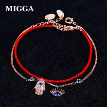 MIGGA Синий Кристалл Циркон сглаза Фатима ручной браслет розовое золото цвет черный/красный веревка женский браслет от сглаза