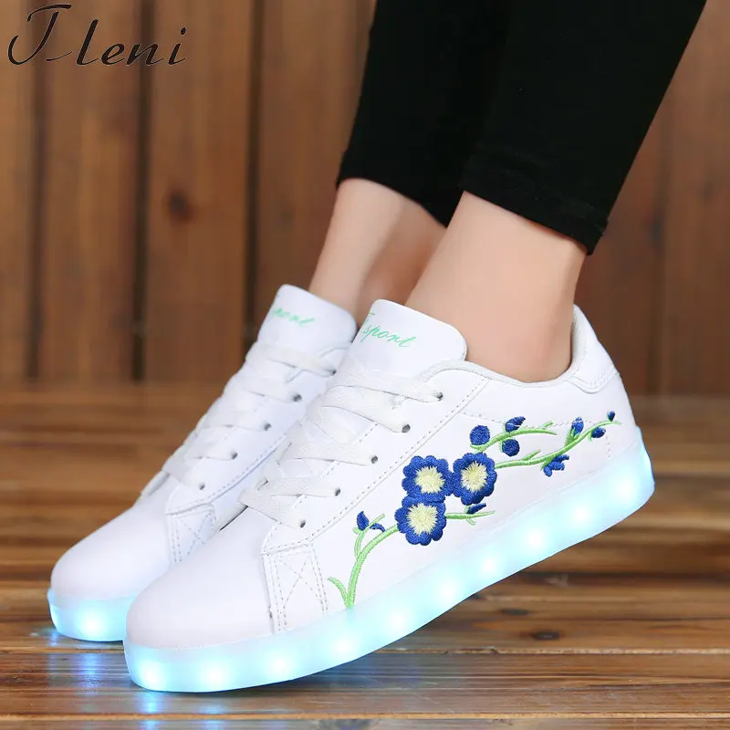 

Tleni Women Colorful Luminous Sport Shoes Girls LED Lights Shoes Outdoor Antislip Breathable Embroidered Flowers Sneakers ZX-252