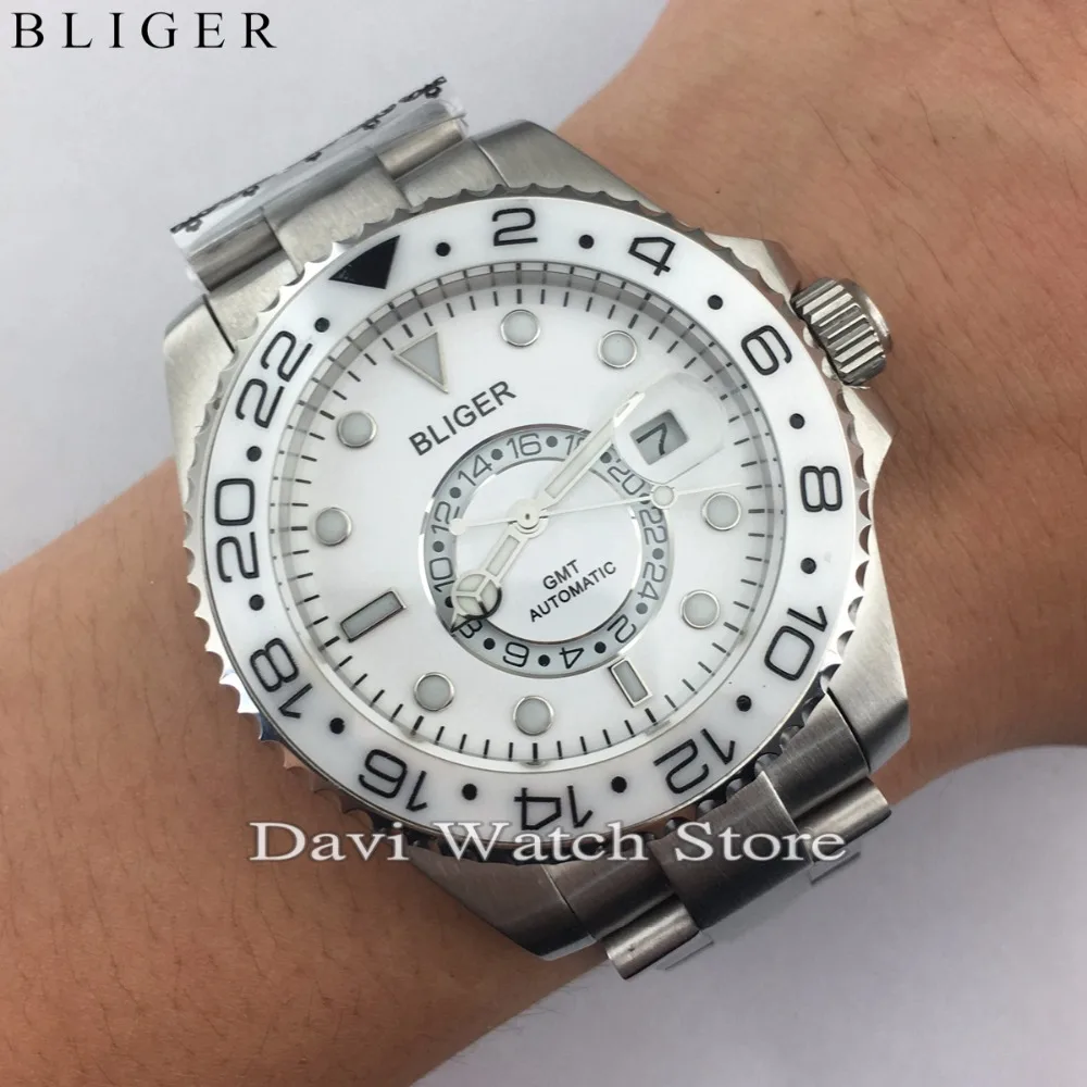 

43mm Bliger Stainless Steel Case Bands White Blue Dial Titanium/Ceramic Bezel Luminous Mechanical Mens Wristwatch
