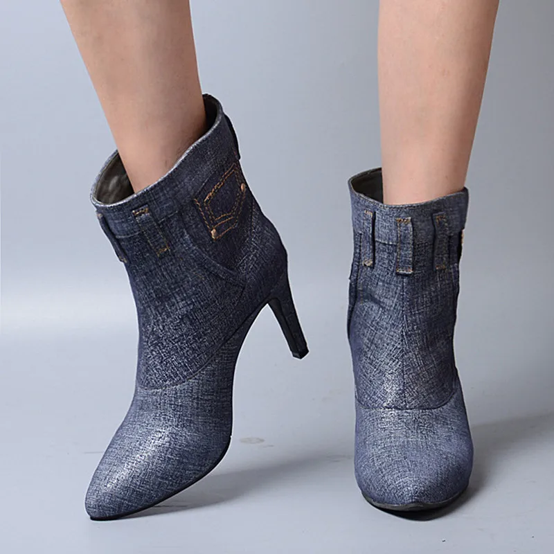 Pointu En Femme Euramerican Bottes Haut Perfetto Mince Style Talon Jeans On Blue Bout Cuir Patchwork Prova Slip Véritable We29IDYEH