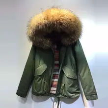 Fashion women/ men winter wear pure cotton lined raccoon fur collar army green parka jacket