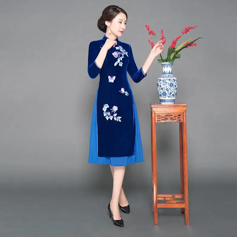 Элегантный китайский женский длинный Ципао традиционный Мандариновый воротник Aodai Cheongsam негабаритный 3XL 4XL винтажное вечернее платье Vestidos - Цвет: Color 5