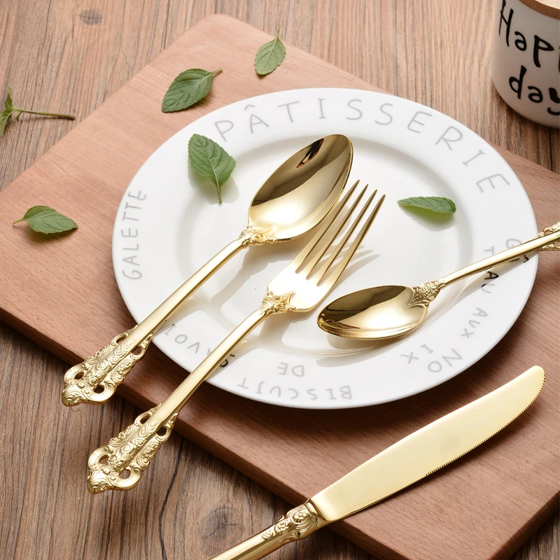 

24pcs Gold Dinnerware set 18/10 stainless steel Retro Cutlery Spoon and Fork Knife Set Christmas Flatware Restaurant Tableware