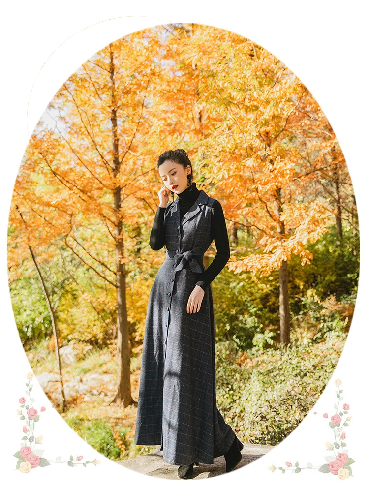 TANG Spring Autumn Velvet Dress Women's Black Vintage Wool Elegant Bodycon Party Dresses Plaid Long Maxi Dress vestidos (2)