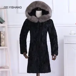 Новинка 2018 г. каракуль овечий мех пальто натуральный мех со шляпой