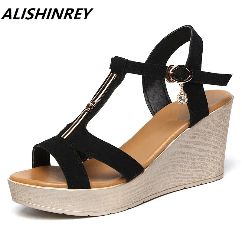 

ALISHINREY Matte cowhide women sandals women Genuine Leather sandals shoes summer new wedge high heels shoes sandals size 35-43