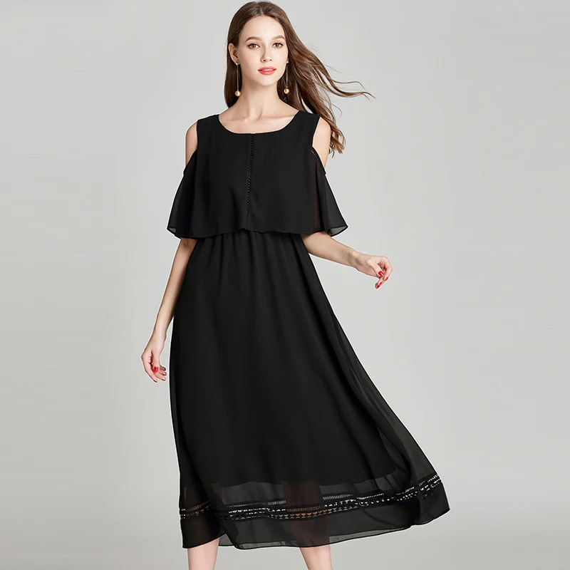 Большие размеры, женское платье, L-5XL, высококачественное, летнее, весеннее платье, открытая кружевная отделка, украшение, длинное черное платье