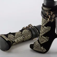 Золотые заклепки Тотем; женские пикантные ботильоны на высоком каблуке открытый носок с кожаной пряжкой Для женщин модные летние сапоги обувь "слингбэк" размер 41