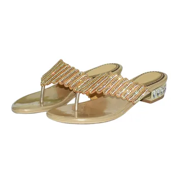 

Christia Bella Women Summer New Flip Flops Rhinestones Bohemian Style Golden Color Shoes Flats Easy Matching Simplicity Shoes