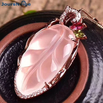 

Dropshipping Natural Pink Crystal Carved Leaves Pendant Clavicle Chain Necklace Female models Fashion Jewelry