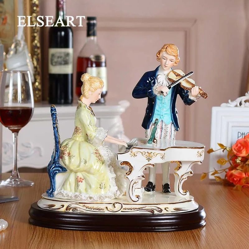  European Ceramics Lady playing piano Table Lights lover people figurine Study Room fabric lampshade - 32952573570