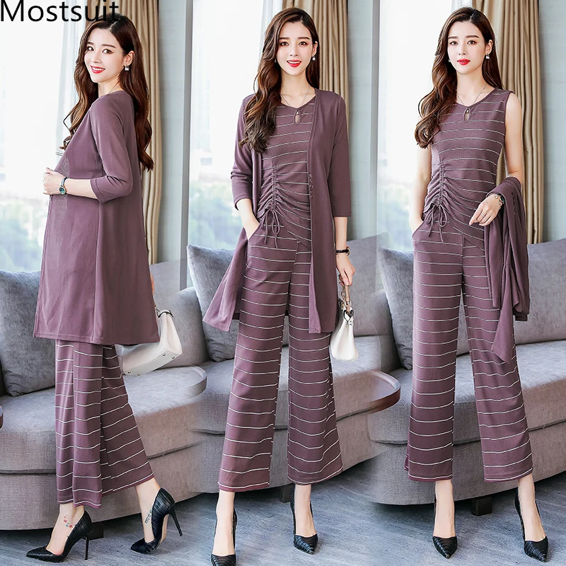 

Spring Striped 3 Pieces Sets Women Vest Cardigan And Wide Leg Pants Sets Suits Korean Casual Office Elegant Ladies 3 Pieces Sets