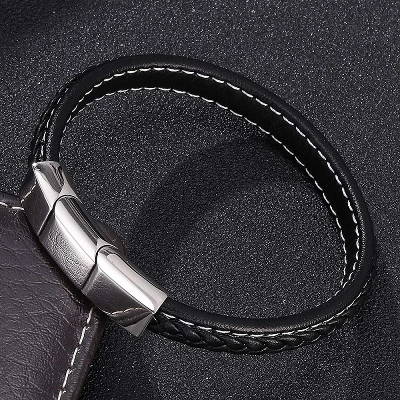

Black/Blue Leather Charm Bracelet Simple Women Men Jewelry Adjustable Silver Magnetic Buckle Bracelets Male Wrist Band ST751