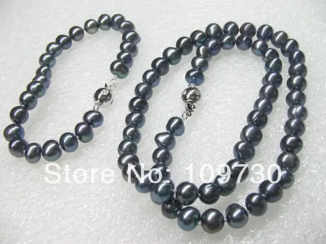 

Jewelry 00582 wholesale 10 Sets 7-8mm Black freshwater pearl sets Necklace & Bracelet (A0516)