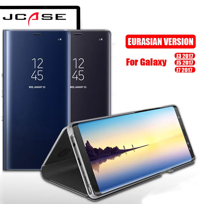 

JCASE For Samsung Galaxy J3 J5 J7 2017 Luxury Electroplating Mirror Phone Case eather Smart Clear View Flip Stand Cover Bag