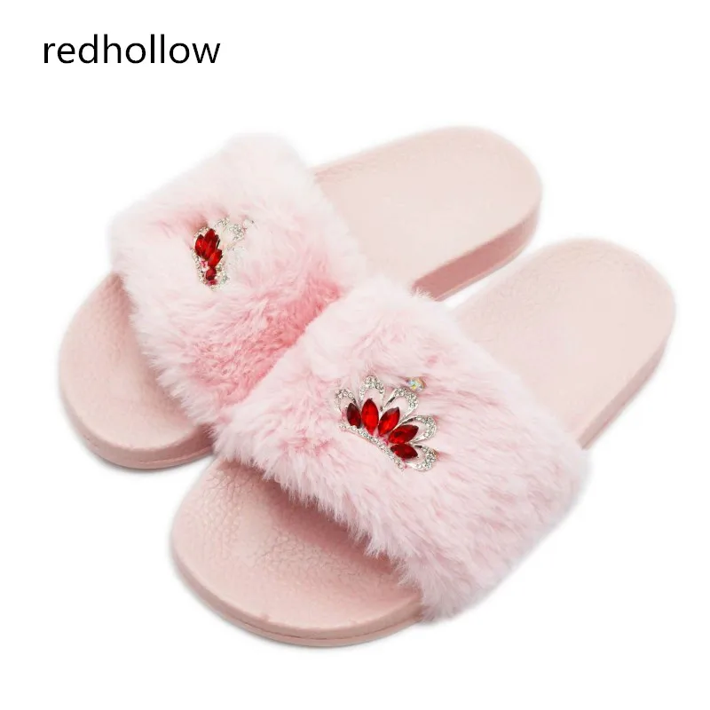 

Women Slippers Flock Fashion Crystal Spring Summer Autumn Home Faux Fur Slippers Women Slides Flip Flops Flat Shoe Zapatos Mujer