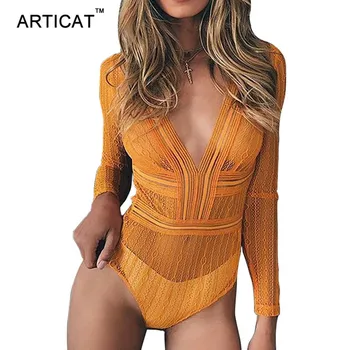 

Articat Lace Bodycon Bodysuit Women Tops Sexy Deep V-Neck Backless Mesh Rompers Womens Jumpsuit Body Feminino Overalls Playsuit