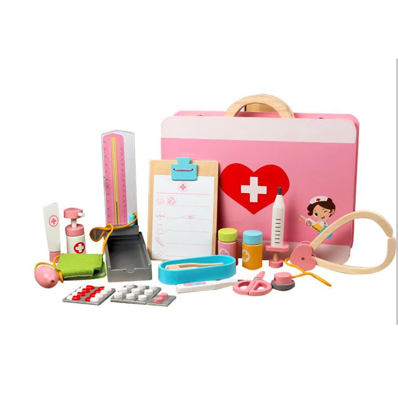 

Logwood Wooden Toy Funny Real life Doctor Game Set Play Wooden Dental Tools Simulation Medicine Box For Children gifts