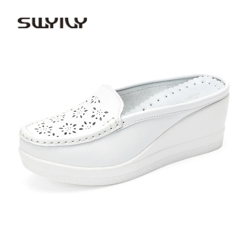 SWYIVY Woman Sandals Mulers Summer Cow Leather Casual Shoes Woman Handmade Soft Wedges Shoes Closed Toe Non-Slip Breathable 40