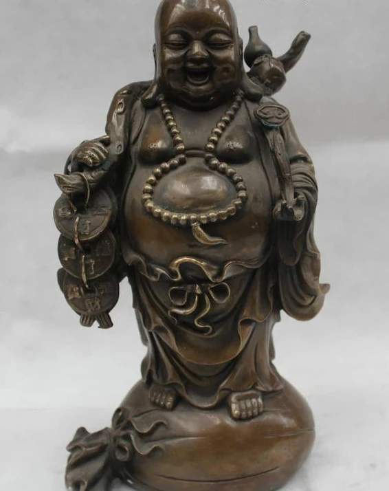 

12"China Buddhism Bronze Happy Laugh Maitreya Buddha Ruyi money Bag Statue