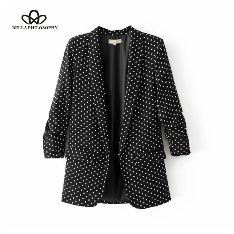 Wonder 2018 new autumn women casual new black folded sleeve office ladies blazer business jacket polka dot print coat tops