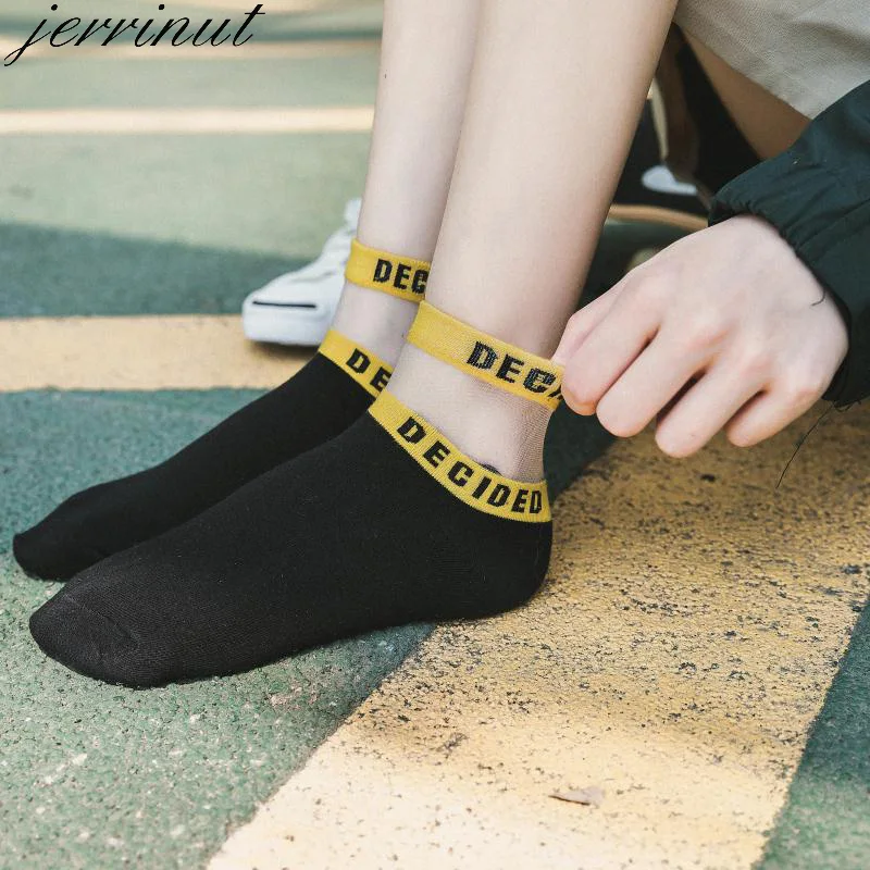 Jerrinut 1 пара носков женские модные хлопковые шелковые короткие носки в Корейском стиле яркие кружевные повседневные Дышащие носки с буквами