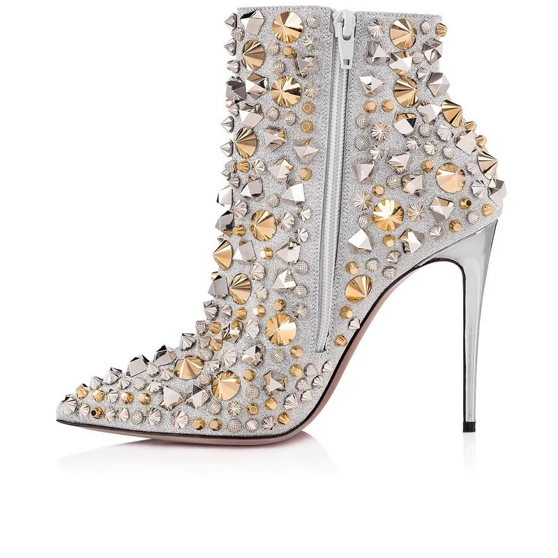 

Autumn Crystal Rhinestone Gladiator Boots Side Zip Ankle Boots Bling Bling For Women Pointed Toe High Heel Boots PU Leather