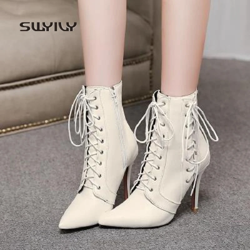 

SWYIVY 8.5CM High Heel Latin Dance Shoes Women Lace-up Short Boots 2018 New Dance Sneakers PU Large Size 44 Women Dance Shoes